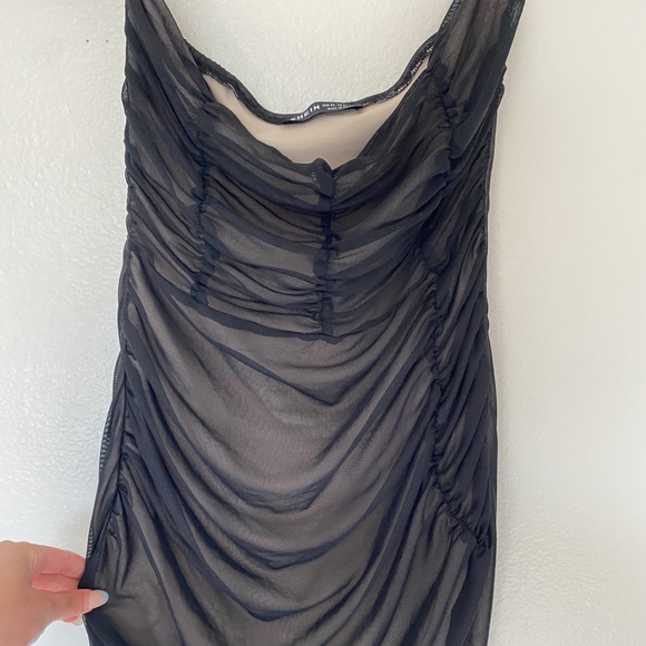 Black & Nude Off Shoulder Split Thigh Mesh Dress - Picture 7 of 13